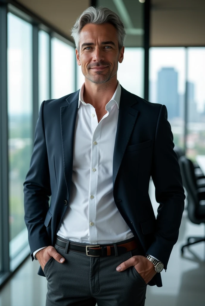 (ultra-detailed, photorealistic, best quality, 4k, 8k, highres, masterpiece:1.3), a mature man, charming and distinguished, standing confidently in a luxurious office setting, He has thick neatly combed silver hair, piercing blue eyes, (muscular build body), wearing tailored white dress shirt, with the top button casually undone, dark navy blazer, perfectly fitted charcoal trousers, polished black Oxfords, Accessories include a luxury wristwatch, understated cufflinks, and a simple yet elegant leather belt, He exudes authority and charisma, with a slight smile that hints at his charm and confidence, The office is modern and sophisticated, with floor-to-ceiling windows that offer a panoramic view of the city skyline, The scene is captured in intricate detail, showcasing his poised stance and commanding presence, (intricate detail, super finely detailed hands, ultra finely detailed fingers, full body showcase, show full body),