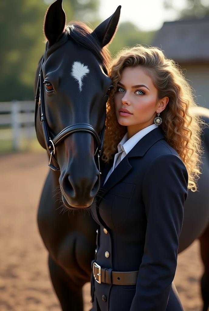 (8k,ultra haute résolution,la plus haute qualité,réaListe,ultra haute résolution,Photos couleur RAW de haute qualité réaListe,doigts détaillés),texture naturelle de la taille,hyperréalisme,détails complexes,Femmes de 25 ans ,Yeux bleus brillants mis en valeur,Lèvres brillantes,(sourire mignon,cheveux long ,Cheveux blonds bouclés),(gros seins, poitrine gigantesque),boucles d'oreilles,charbonnier. Femme d'origine franco-italienne. La scene se passe dans un haras en arriere plan. Elle est vetue d’une tenue de cavaliere. Elle se tiens a cote dun cheval ????. 