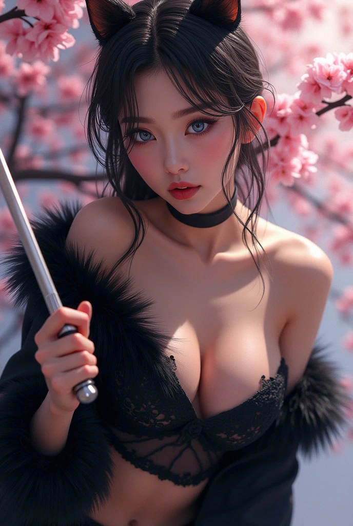 leogirl, seductive leaning forward detailed skin, 8k ultra realistic cg, picture-perfect face, flawless, clean, masterpiece, professional artwork, famous work of art, cinematic lighting, cinematographic flourishing,((black fur)),(1 girl, Beautiful Korean girl),perfect face, (young:1.1),((figure in shape)),((2)), beautiful face, beautiful blue eyes,Eye Detail, face detail, (((perfect female body, narrow waist))),(big breasts:1.3)lora:GoodHands-beta2:1>, , ((standing girl)),Upper part of the body,leaf aside,attack pose,sheet down,right hand blade,, Cherry blossoms,, (masterpiece, Best Quality, high quality, High resolution, ultra detailed),