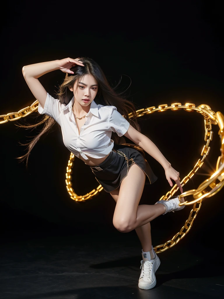 1 girl, thai university uniform, chains end with sharp spike:1.4, hyper-realistic, control chains, nebula chain, fantasy, white short-sleeve button up shirt:1.2, black tight torn mini skirt:1.2, brown suede belt:1.4, metal shirt buttons:1.2, white sneakers:1.2, black long messy hair:1.2, full body shot:1.2, masterpiece, best quality, high resolution, 16k, high detailed, face detailed, cinematic lighting, dynamic fighting pose:1.4, long exposure, slim and perfect figure, perfect body proportion, unreal 5, golden chains wrap around hand and arm:1.4, fighter using chains as weapon:1.4, golden-aura:1.4, fighting stance:1.4, in dungeon