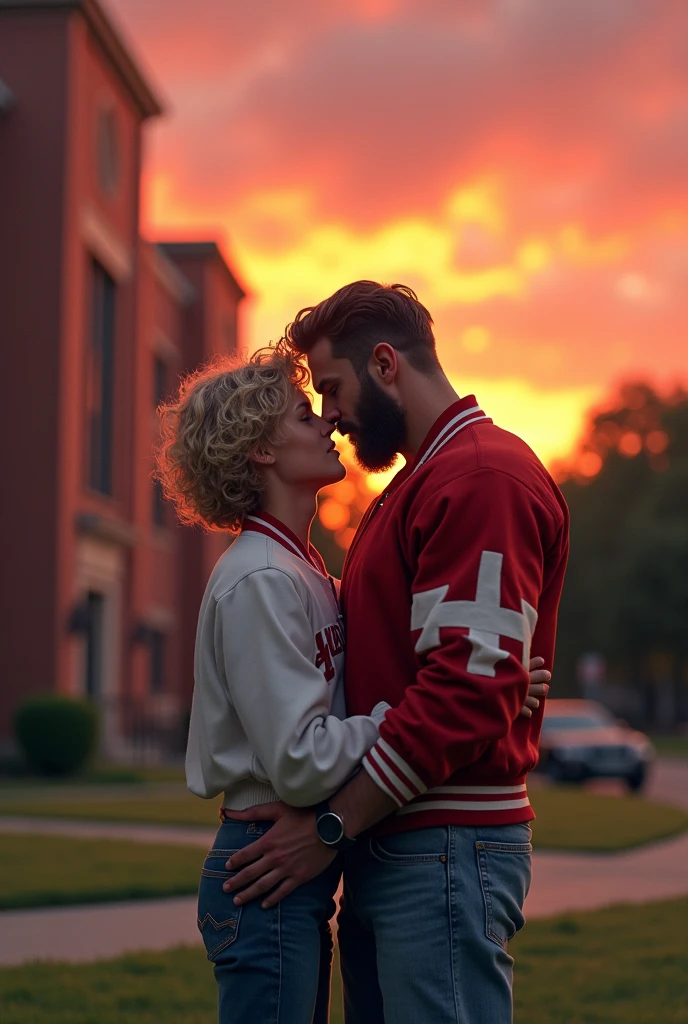 Bearded athlete in football jacket kissing handsome gay blond boy at school 80s sunset