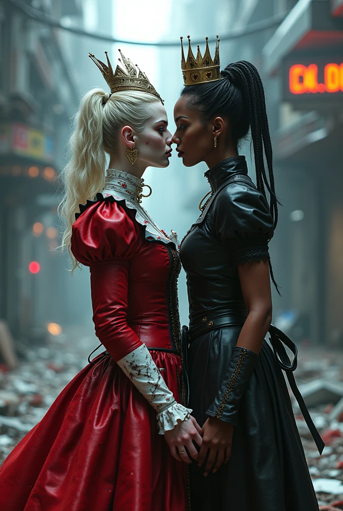 2girls, (queen of hearts, AL), urban future fairytale , (the queen of hearts of wonderland has pale skin, wears a tattered, ripped, bloody playing card theme cyber dress), (AL is a black woman, wears a black maidlike cyberpunk dressand neon apron), the queen of hearts is defeated by Al , AL stands over the defeated villainess queen victorious surrounded by shattered glass, as the queen lays face up, knocked out, her crown shatterd ,blood splattered, scarred,bruised, broken body by AL's feet , cinematic scene, perfect anatomy, perfect face, perfect hands, perfect physique, perfect lighting, perfect perspectives ,masterpiece, , 2d, sharp gradients, deep highlights, ultra hires animation, hyper-detailed human features, hyper resolution cel-shaded, best quality, expressive eyes, hyper-hdr, 8k, UHD, hyper- absurdres, hyper-aesthetic, depth of field,sensual dreadful atmosphere, skindentation , art by: Murata_yuusuke, Boichi(mangaka),Murakami teruaki, fizrotart, sam yang