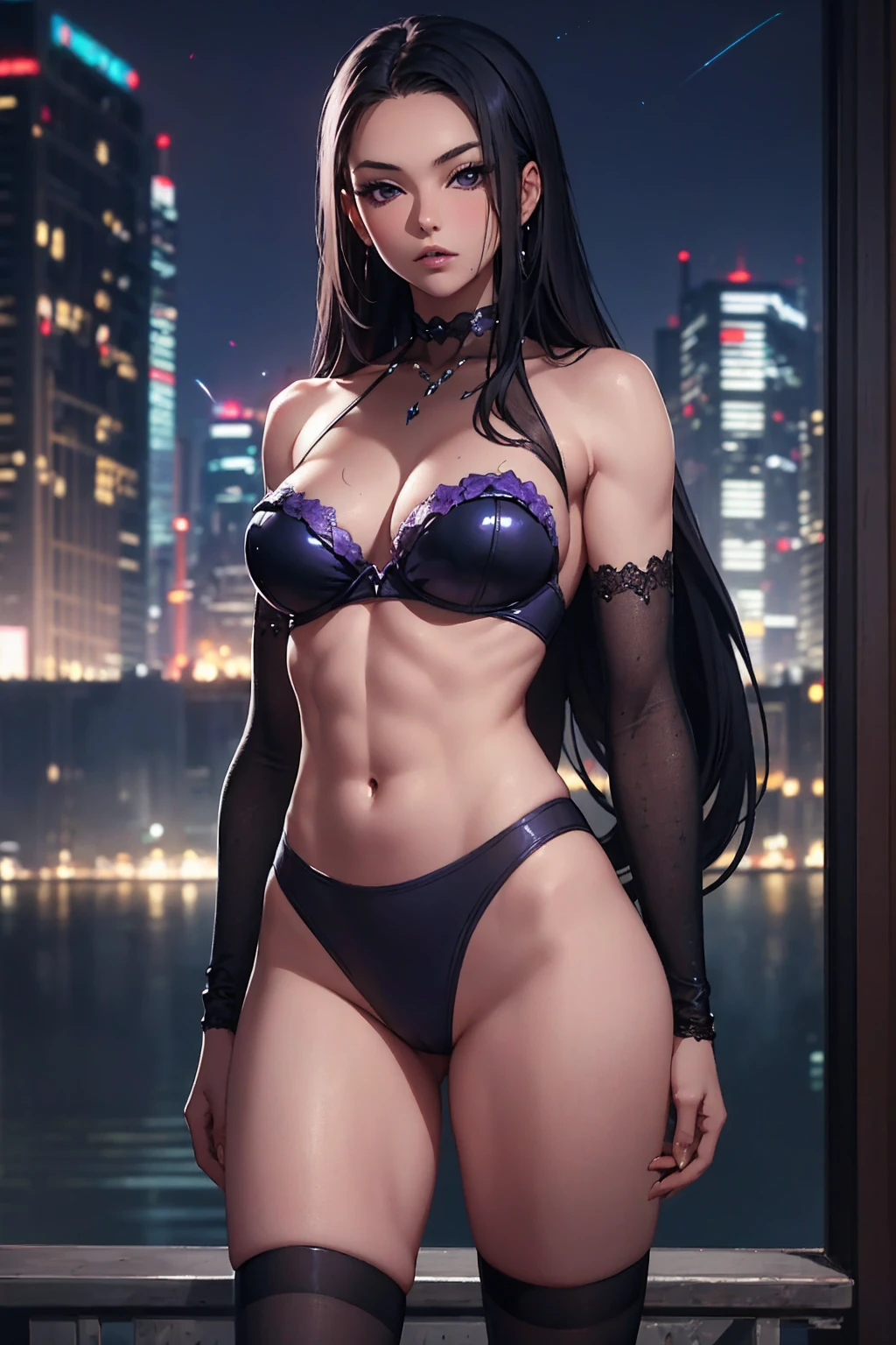 NSFW, best qualityer, work of art, intrikate, night time, 1 girl, standing alone, muscular, sexly, appealing,bright purple eyes, long hair, soft skin, neckleace, ((extremely naughty)).