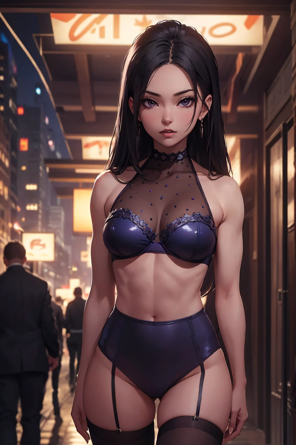 NSFW, best qualityer, work of art, intrikate, night time, 1 girl, standing alone, muscular, sexly, appealing,bright purple eyes, long hair, soft skin, neckleace, ((extremely naughty)).