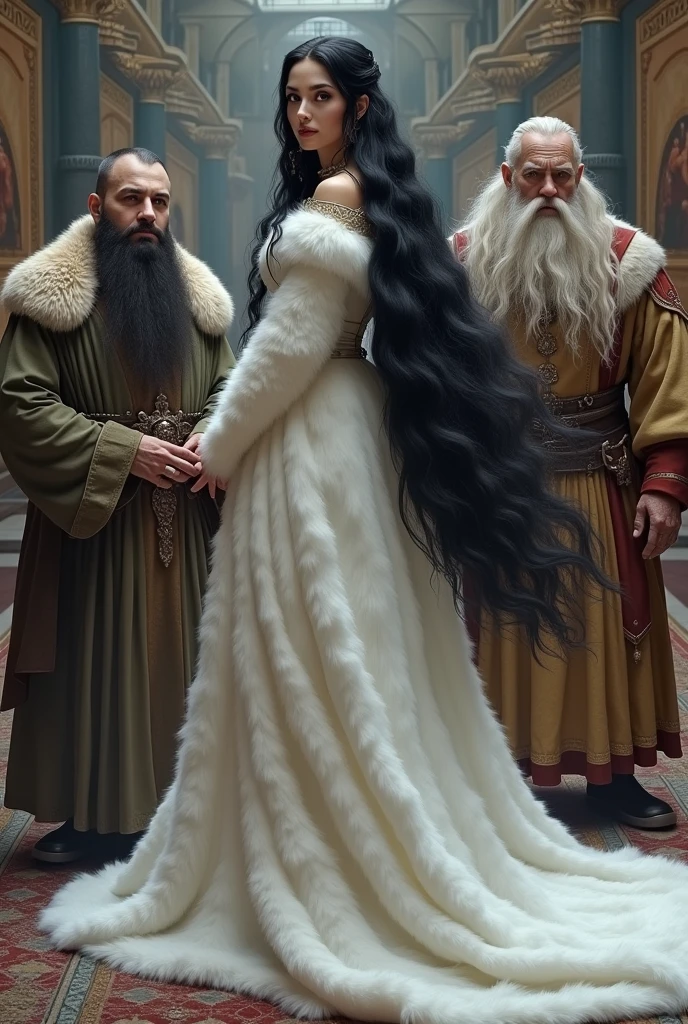 A long black-haired princess wearing a winter dress made of white bear fur. accompanied by two dwarves. One of them has a black beard and the other wears glasses.!
They are inside a museum with paintings and statues of medieval magical heroes. 
