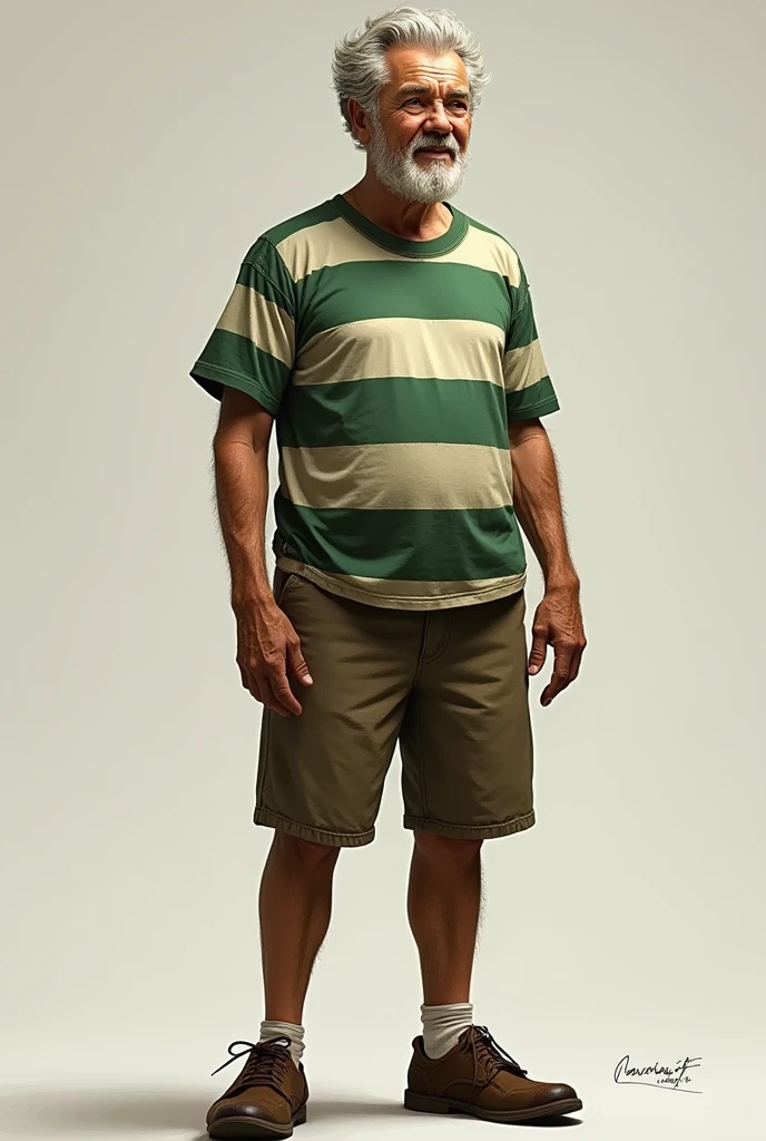 Create a character with a green striped t-shirt and shorts pants, old shoe ,aged 42