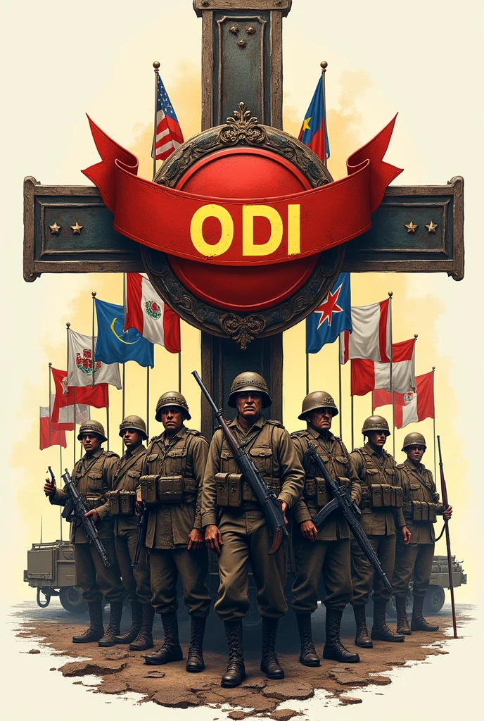 Round logo with the cross of the Spanish Empire in the background and with 10 flags of Latin countries, soldiers of the First World War with weapons, armored tanks and bombers in front, the name ODI inside a red ribbon