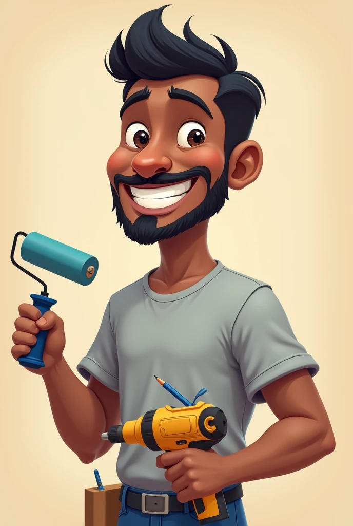 Brown-skinned man with goatee smiling, neat black hair, light gray t-shirt with a drill in his hand, paint roller in his hand and blue pencil in his ear in cartoon