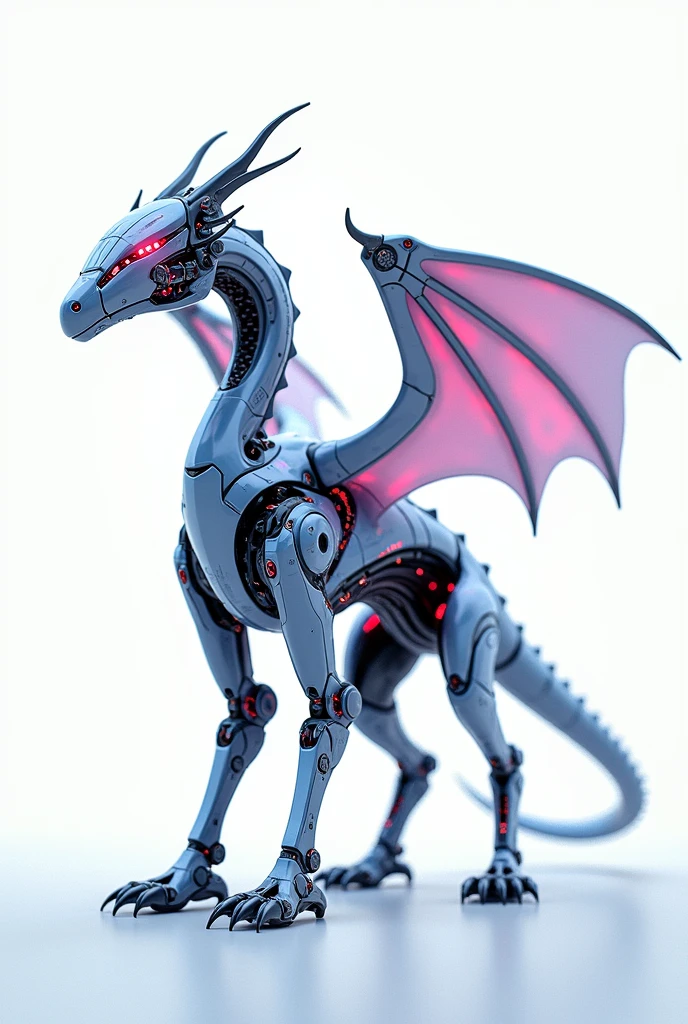 make a Wyvern robot, It looks like a dragon with no front arms, has a long neck, apenas duas asas e pernas traseiras fortes, The body is long and slender, com uma cauda longa e afilada, Its two wings have a wingspan larger than the length of the body, tem pernas traseiras musculosas e garras afiadas, Cyberpunk, A Guerra dos Tronos, brilho sonhador, luminous neon lights, limpo, fundo branco, ( global ilumination, Travessia de estrias, HDR, unreal render, Reasonable design, High detail, piece of master, best quality, hiper HD, Cinematic lighting)