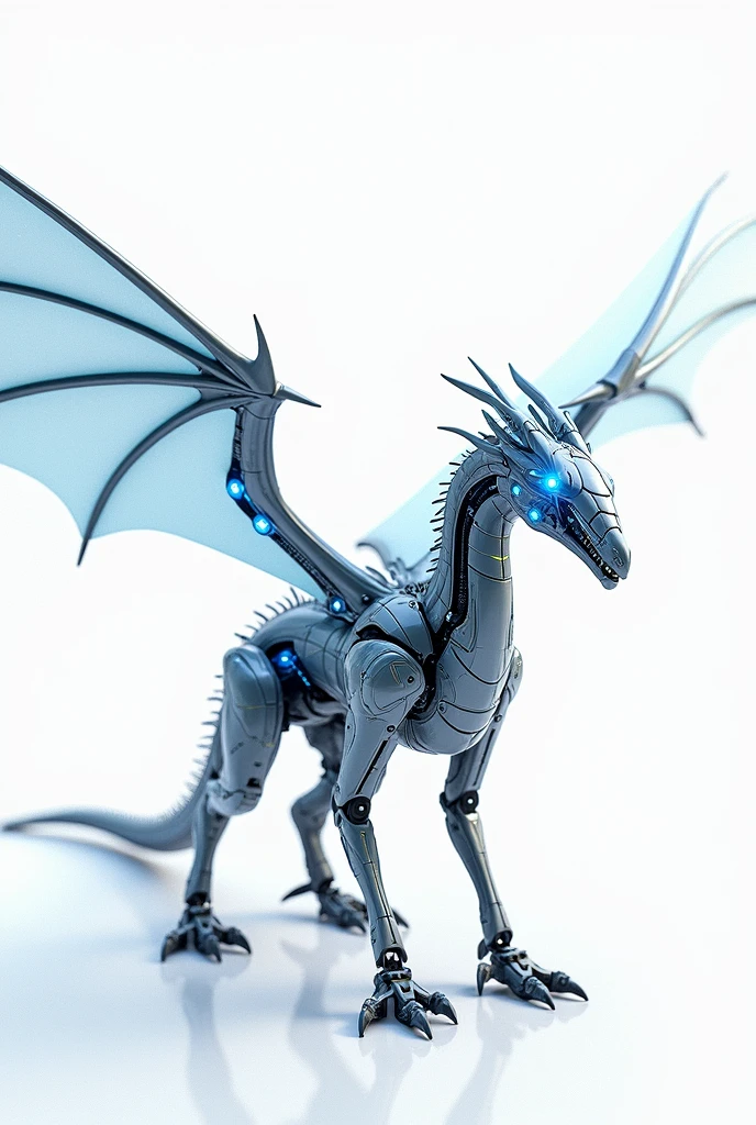 make a Wyvern robot, It looks like a dragon with no front arms, has a long neck, apenas duas asas e pernas traseiras fortes, The body is long and slender, com uma cauda longa e afilada, Its two wings have a wingspan larger than the length of the body, tem pernas traseiras musculosas e garras afiadas, Cyberpunk, A Guerra dos Tronos, brilho sonhador, luminous neon lights, limpo, fundo branco, ( global ilumination, Travessia de estrias, HDR, unreal render, Reasonable design, High detail, piece of master, best quality, hiper HD, Cinematic lighting)