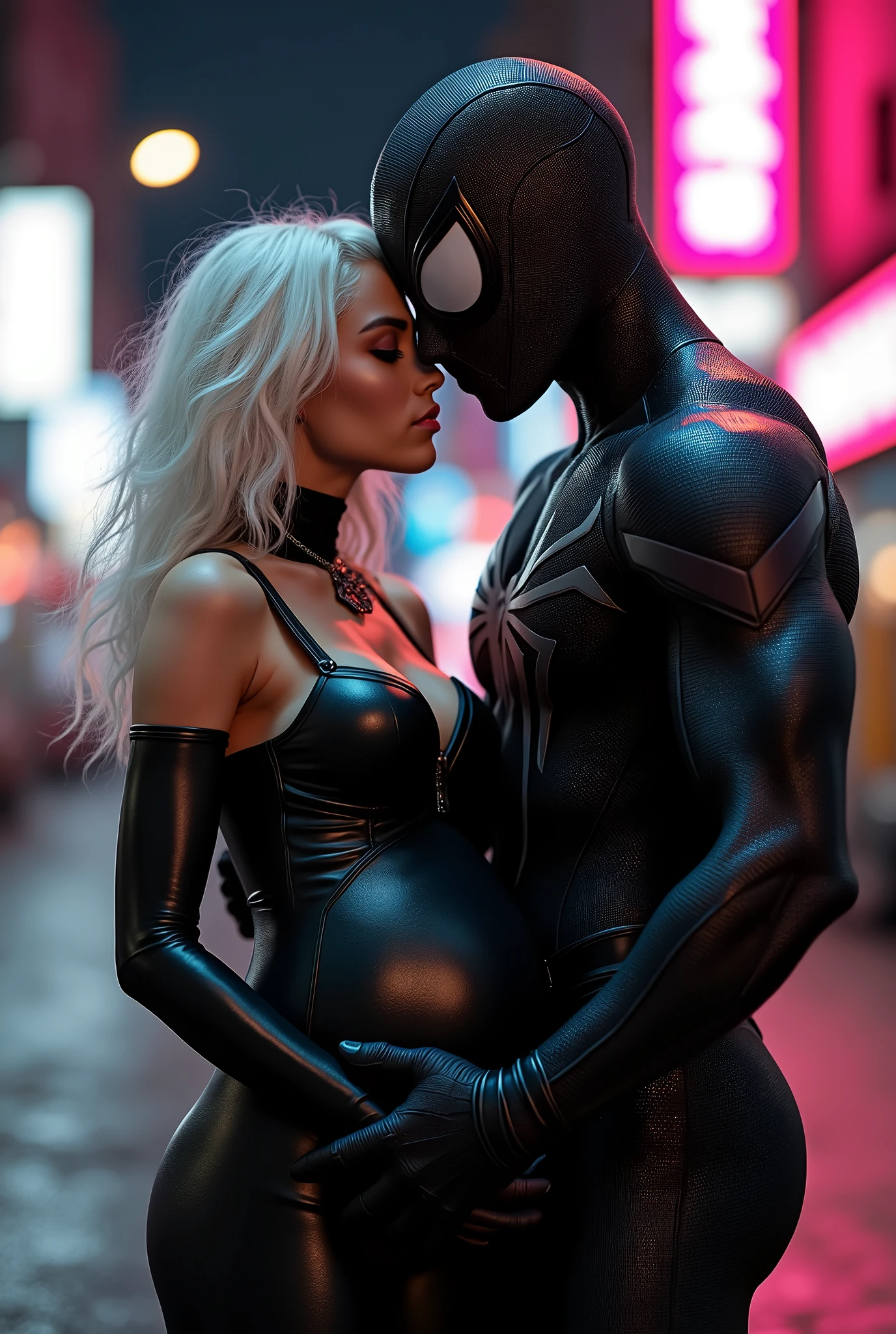 A stunning portrait of muscular Spider-Man in his black suit and white suit, symbiote suit, embracing Felicia Hardy as the marvel character Black Cat, young and beautiful, hyper realistic, real portrait, backlit, exquisite features, cleavage, sexy, seductive, her hair is white, she is wearing a black leather body suit unzipped to her belly button, location is city at night. Neon lights, large breasts, athletic body, narrow waist, wide hips, she is nine months pregnant, her belly is exposed, Spider-Man’s suit is only black and white, he is holding her from behind