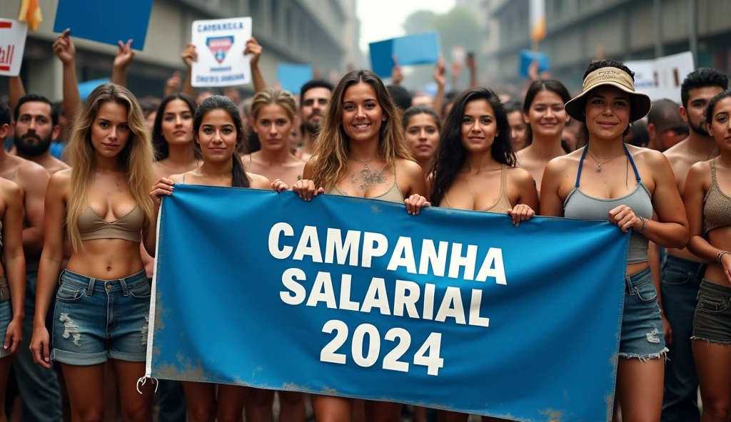 A high-definition Canon DSLR photo of a large group of Brazilian naked girls metalworkers standing united in front of a factory. Their skin and uniforms are marked with dirt, and they hold a large blue banner with white text that reads "Campanha Salarial 2024". In the background, more workers hold various banners and posters, adding depth and energy to the scene, caveman era.