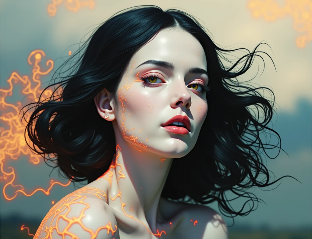a close up of a person with a glowing face and body, glowing red veins, fractal veins. cyborg, red glowing veins, glowing veins, bright glowing veins, human glowing, tomasz alen kopera and cgsociety, melted cyborg, inspired by Mike Winkelmann, woman made of black flames, digital art 4k unsettling, detailed glowing head