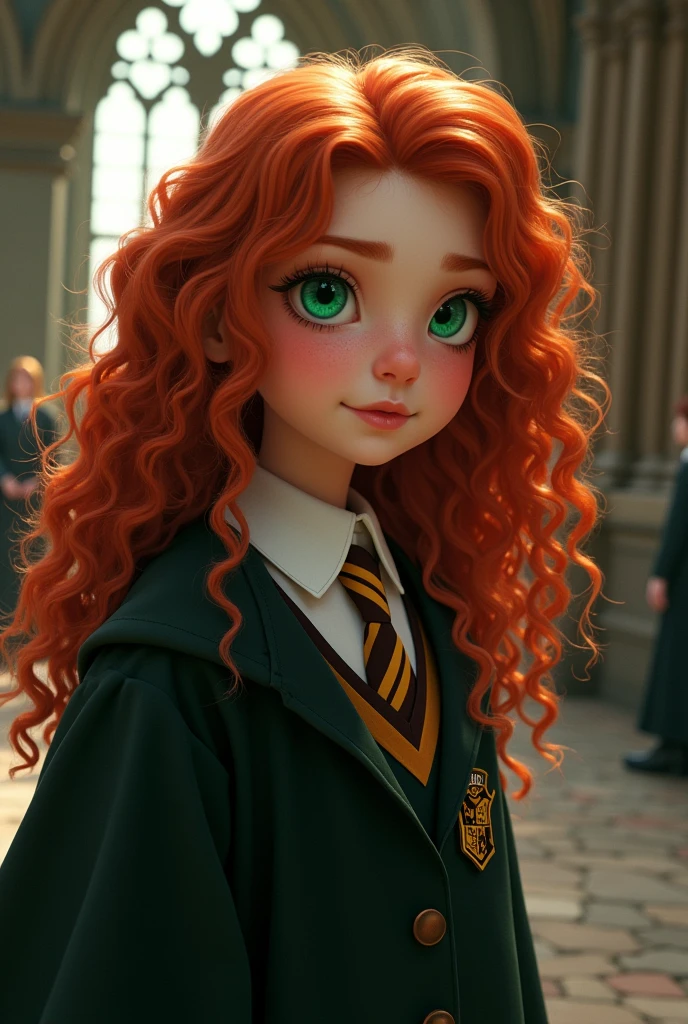 redhead with long curly hair, green eyes with harry potter uniform