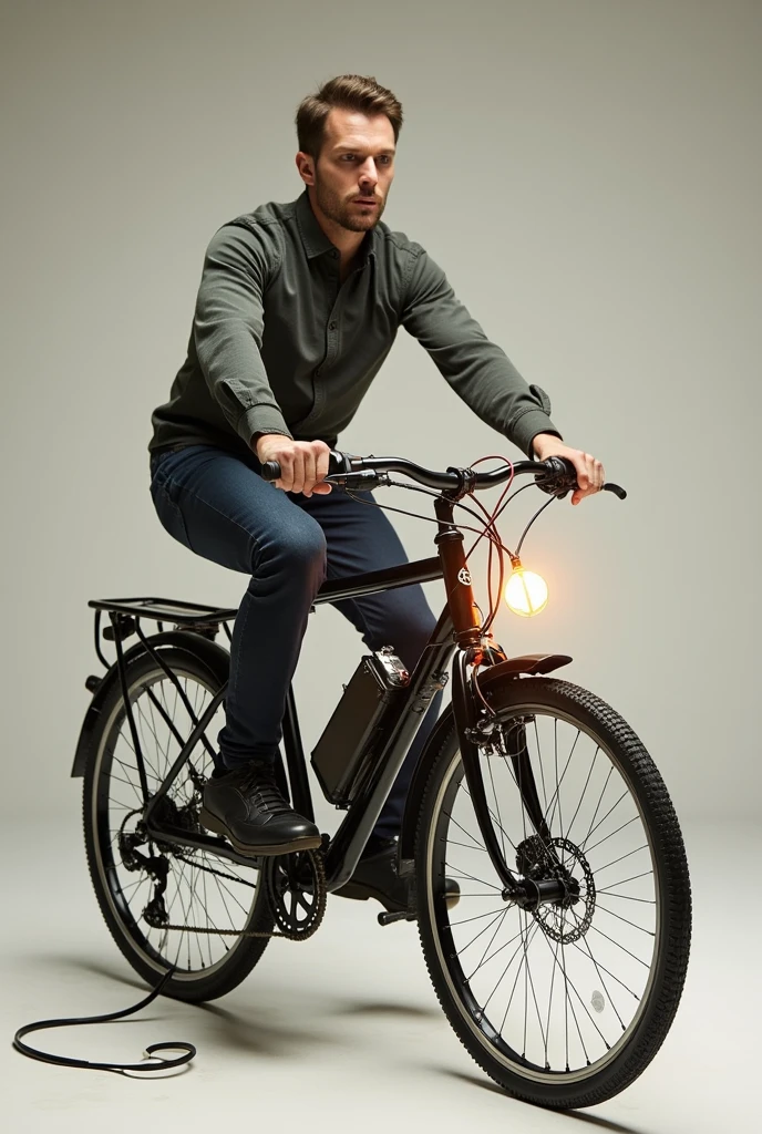 Man pedaling a bicycle, The rear bearing is attached to a rope which is attached to a motor which is attached to a battery which is also attached to a light bulb to produce electrical energy.