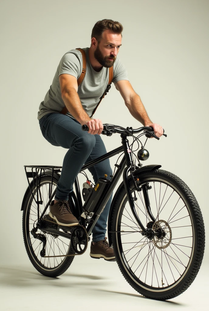 Man pedaling a bicycle, The rear bearing is attached to a rope which is attached to a motor which is attached to a battery which is also attached to a light bulb to produce electrical energy.