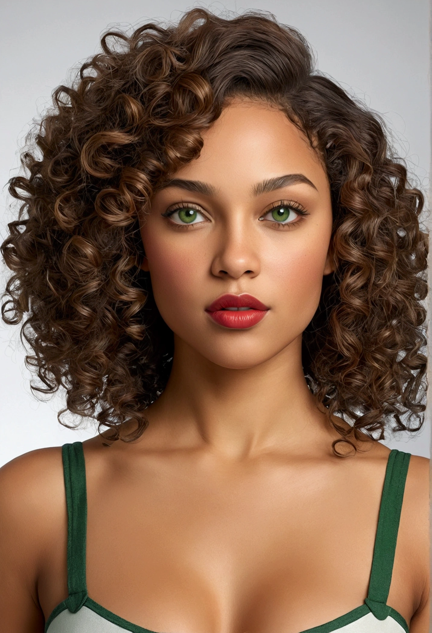"A highly realistic image of a mixed-race woman with curly brown hair, styled to frame her face. She has captivating green-gray eyes with detailed, expressive irises. Her skin is portrayed with high detail, showing natural texture and subtle shading. She has full, red lips with a glossy finish. Her figure is curvy, featuring a strong bust, a narrow waist, and well-developed hips. The overall look is elegant and confident, with a focus on the realistic details of her skin, eyes, and hair."