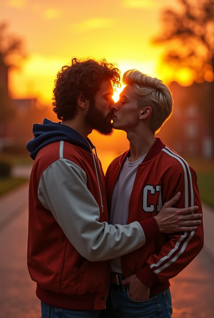 Bearded athlete in football jacket kissing handsome blond boy at school 80s sunset gay couple