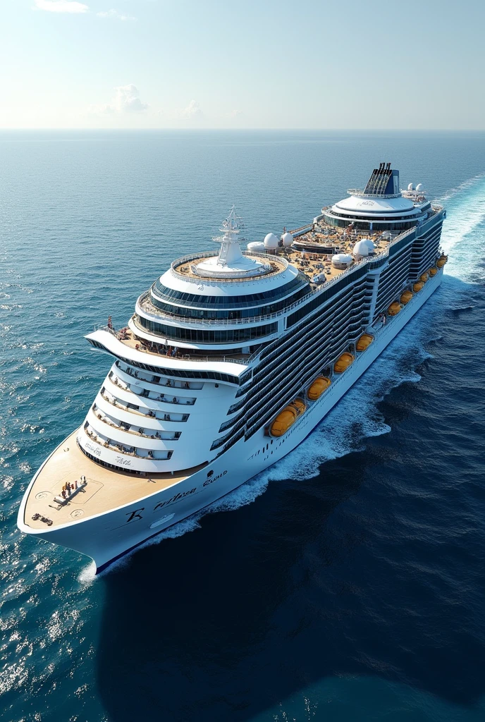 A futuristic new class of cruise ship for Royal Caribbean named the Discovery of the Seas that holds 3,070 guests with an elevator on the outside that can move in all four directions