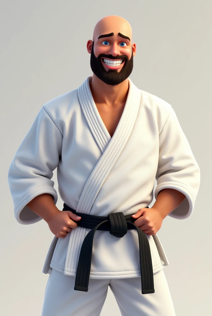 A bald man with blue eyes and a beard with a smile in a white judo kimono with a black belt, en style pixar
