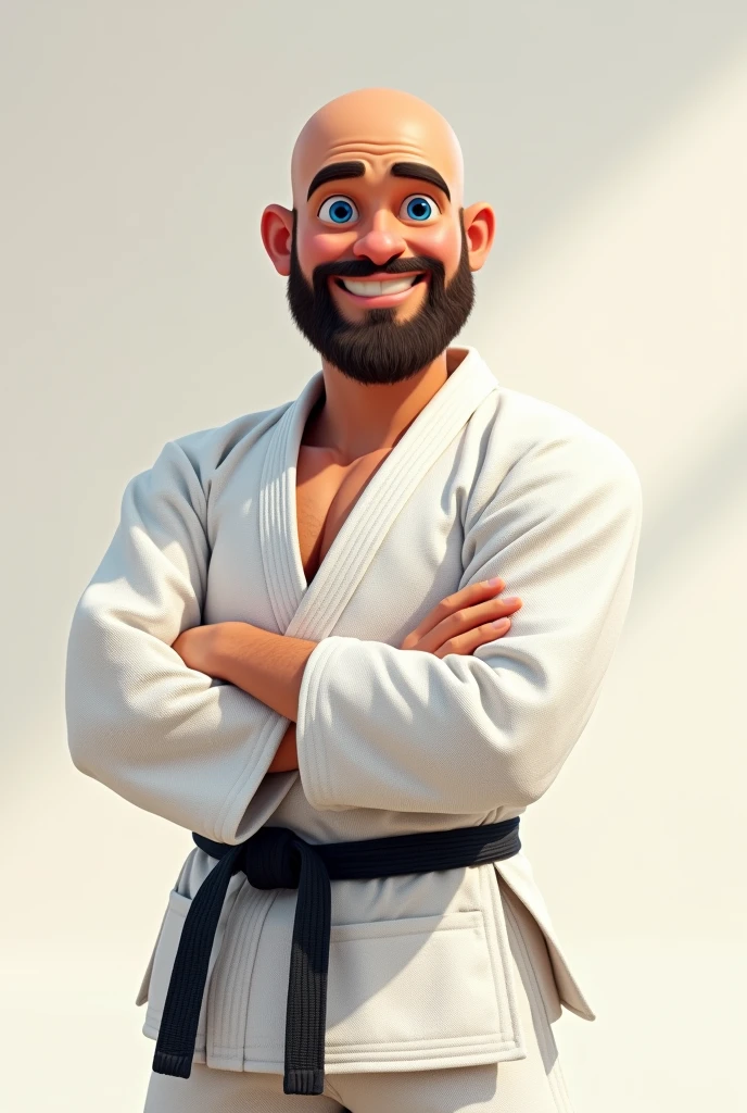 A bald man with blue eyes and a beard with a smile in a white judo kimono with a black belt, en style pixar
