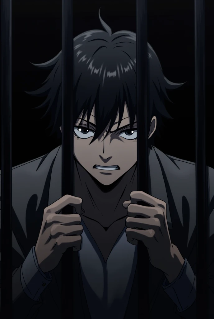 Create a cap with Toji Fushiguro's Jujutsu Kaisen, Written "behind bars" Put him behind bars, WITH A SEXY EXPRESSION, a dark setting with soft lighting