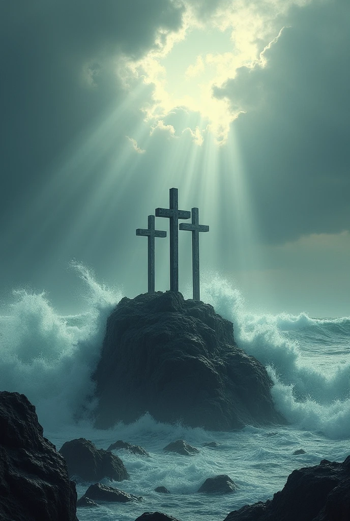 Make a picture of three crosses on a Little Rock with waves crashing hard against the crosses with a very cloudy sky and a bright sunset with rays of light coming down on the crosses