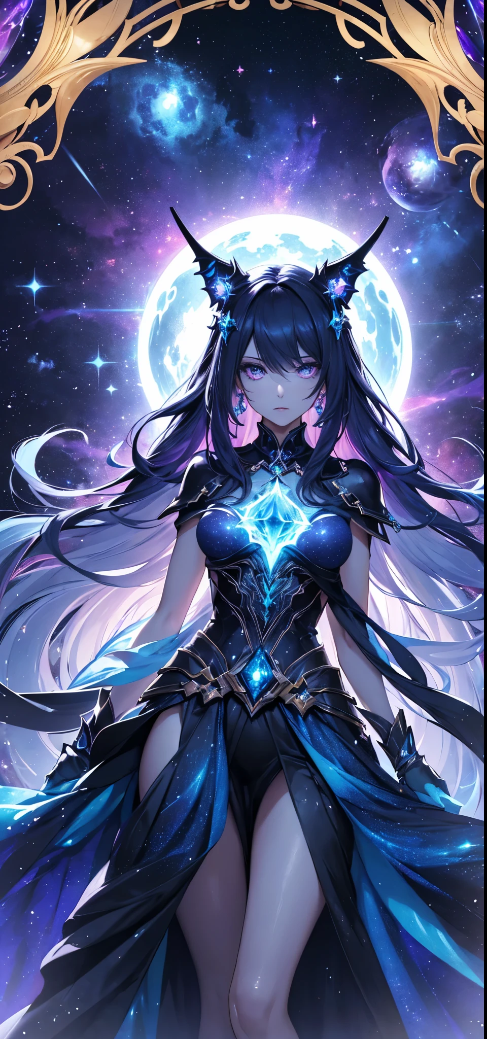 space witch, a mystical being with a dark and enchanting presence. She has long, flowing hair that resembles the night sky, with stars and galaxies twinkling within it. Her attire is a combination of celestial robes and intricate armor, adorned with intricate cosmic symbols. She holds a staff with a glowing crystal at its tip, emanating a mysterious energy. The scene is set in a nebula-filled universe, with swirling colors and distant planets. The witch exudes power and wisdom, casting spells and harnessing the forces of the cosmos. (Mystical:1.2, cosmic lighting:1.3, celestial elements:1.2).