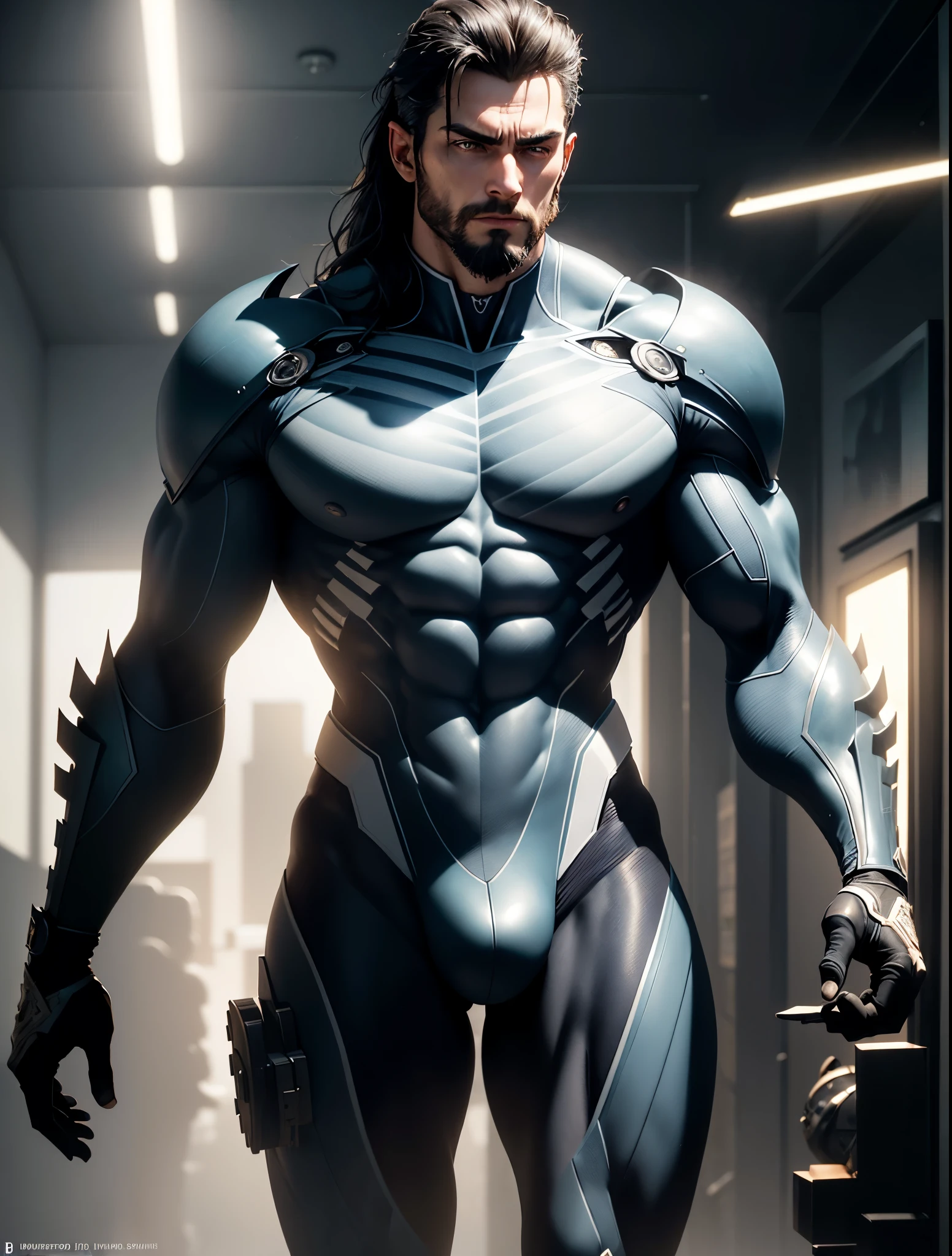 ((Best quality)), ((masterpiece)), (detailed:1.4), 3D, an image of a the most attractive masculine masculer male, huge crotch bulge, part machine part muscular body, HDR (High Dynamic Range),Ray Tracing,NVIDIA RTX,Super-Resolution,Unreal 5,Subsurface scattering,PBR Texturing,Post-processing,Anisotropic Filtering,Depth-of-field,Maximum clarity and sharpness,Multi-layered textures,Albedo and Specular maps,Surface shading,Accurate simulation of light-material interaction,Perfect proportions,Octane Render,Two-tone lighting,Wide aperture,Low ISO,White balance,Rule of thirds,8K RAW, crysisnanosuit, masculinity, masculine, muscular manly, body, visible muscular hairy body, chisled features, half man half machinery, walking on a spaceship, city, scantily clad, visible=e body advisable machinery,