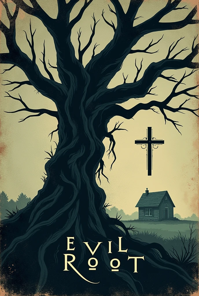 Create a cover for my book which is about horror ,His name is evil root. There has to be a tree, the name evil root and an inverted cross, but make a vintage image and make it a little minimalist, but make it more terrifying. Make it more realistic and less like the name evil root and have a little house nearby, but with the appearance of an old cover and with the name evil root in the middle and with a very haunted appearance, a little more realistic.





