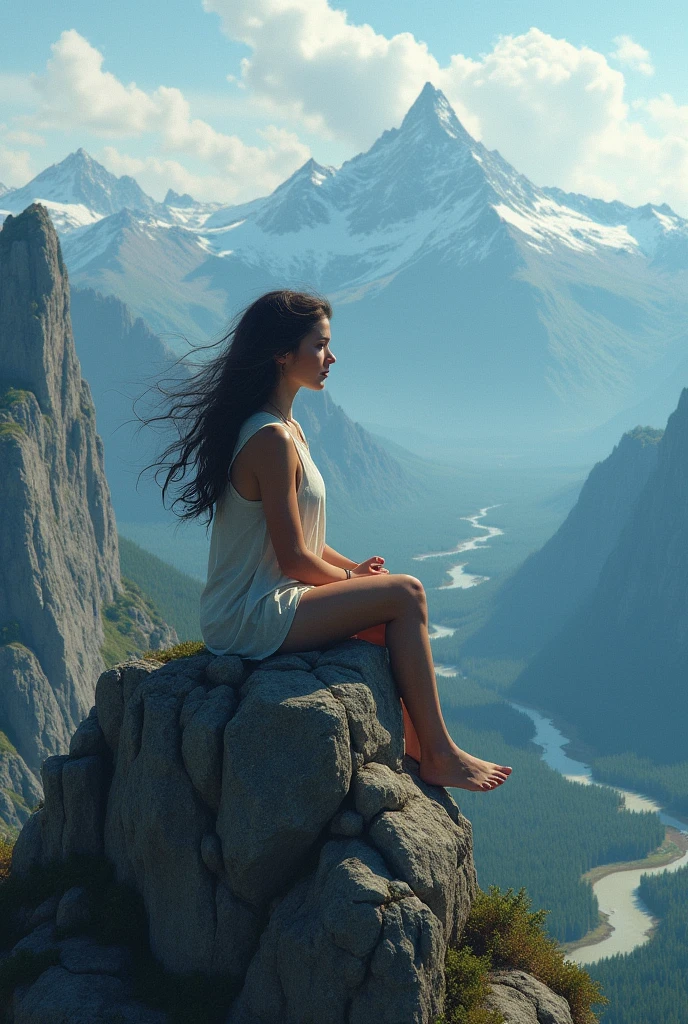 a woman sitting on top of a big mountain thinking, with her hair flying in the wind, contemplating the view of nature