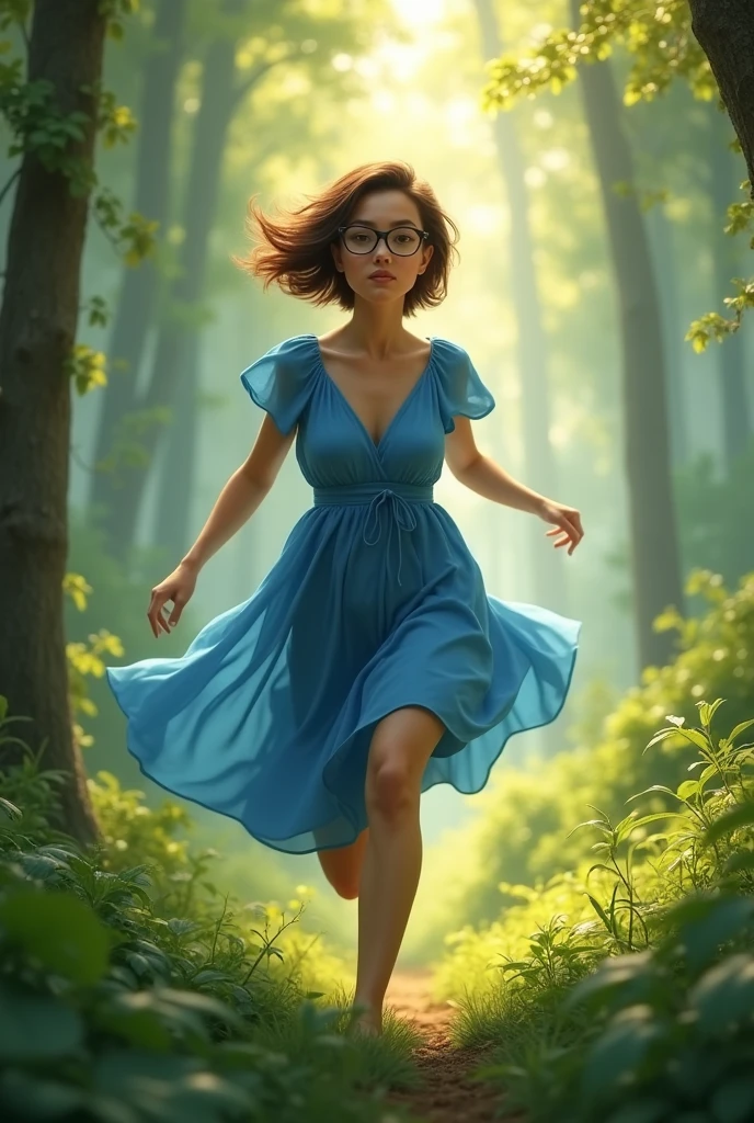 30 year old woman, running in the forest, wearing glasses, brown eyes and short hair,
blue dress