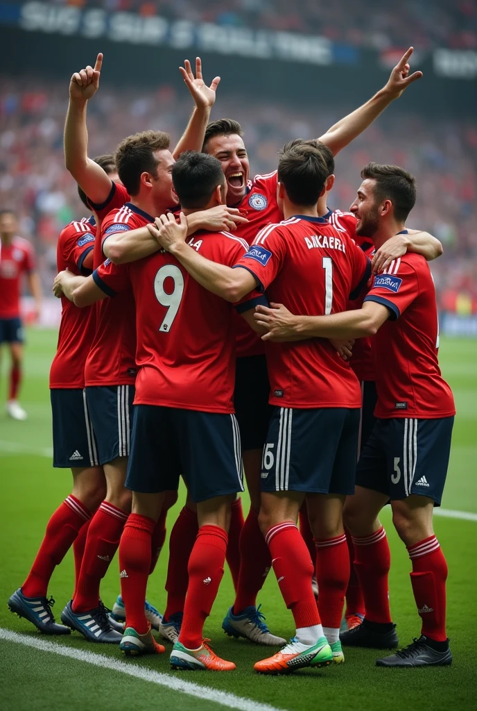 Player celebrating goal with the whole team, coaches, starting and substitute players celebrating together, realisitic