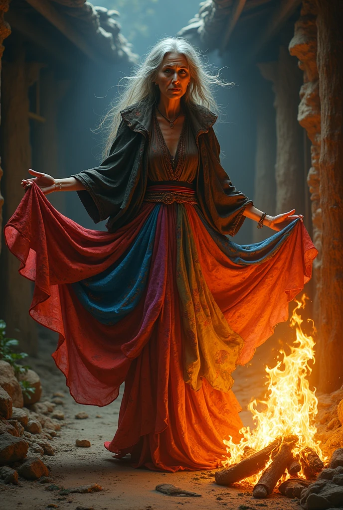 an old gypsy 7 skirts burning in the fire, with a colorful skirt and black eyes