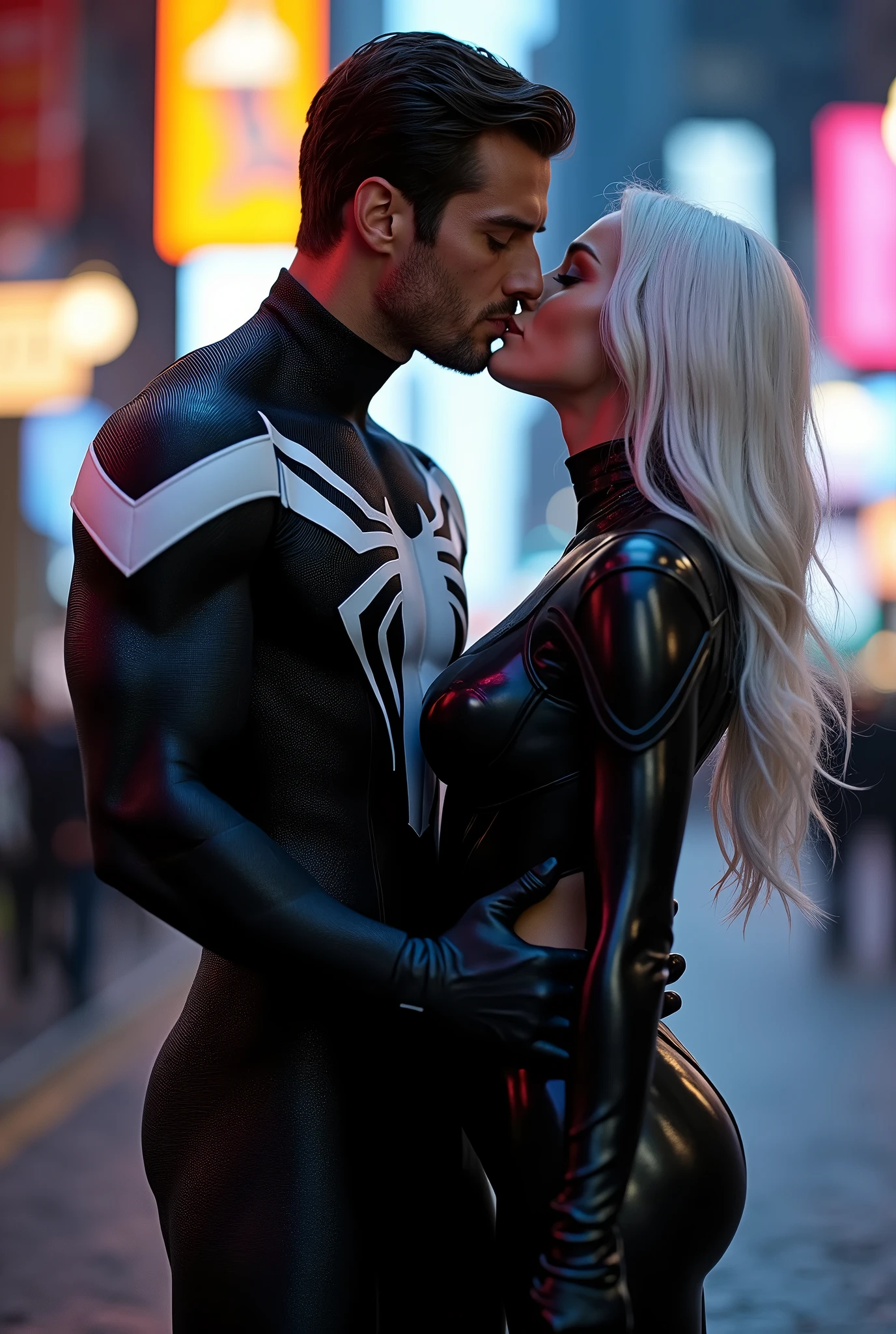 A stunning portrait of muscular Peter Parker in his black suit and white suit, symbiote suit, kissing, French kiss, passionate kiss, Felicia Hardy as the marvel character Black Cat, young and beautiful, hyper realistic, real portrait, backlit, exquisite features, cleavage, sexy, seductive, her hair is white, she is wearing a black leather body suit unzipped to her belly button, location is city at night. Neon lights, large breasts, athletic body, narrow waist, wide hips, Spider-Man’s suit is only black and white, he is not wearing his mask, Peter Parker
