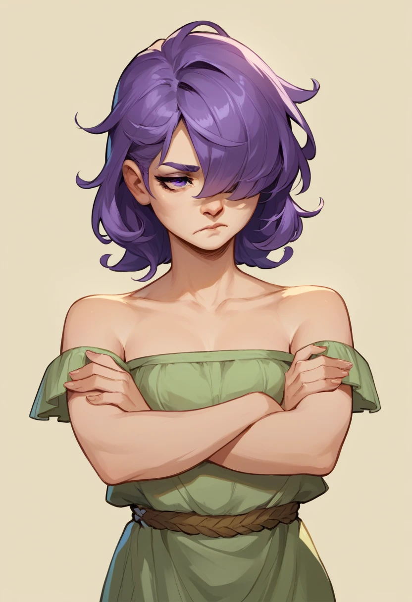 score_9, score_8_up, score_7_up, score_6_up, 1girl, solo, feason style
 lily duolingo, purple hair, hair hair over one eye, bangs, bored expression, closed mouth, crossed arms, medium hair,