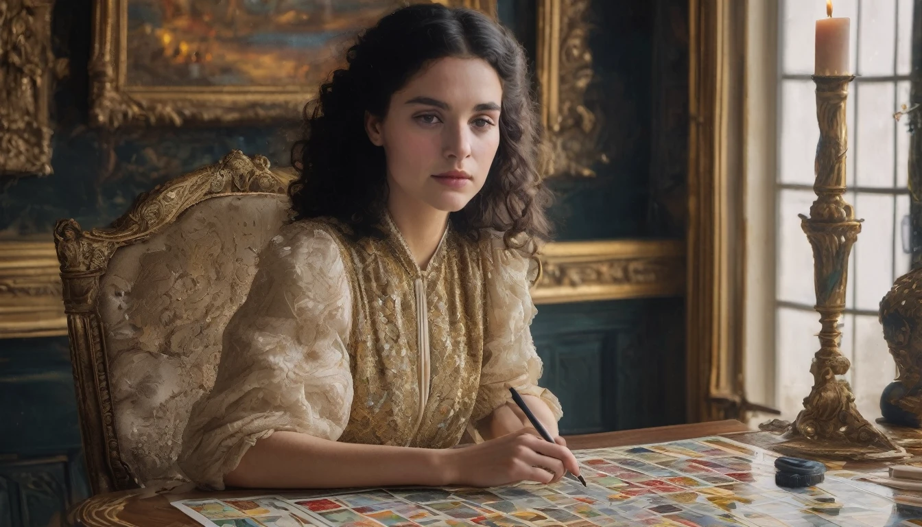 Marie Anne lenormand, white woman with black curly hair, sitting in front of a table reading the Lenormand oracle, in the background a neoclassical French-style living room, muchas personas a su alrededor,Beautiful line art photo,Use gold strokes and rainbow paint,Golden Maiden,the golden ratio,Melted wax,Visible brush strokes,surrounded by crystal spheres,3D Mosaic Wireframe,neuroimaging,neurons,colours,california,intense emotion,oil on canvas,Thick strokes,insanely details,8k ultra high definition,tmasterpiece,art station