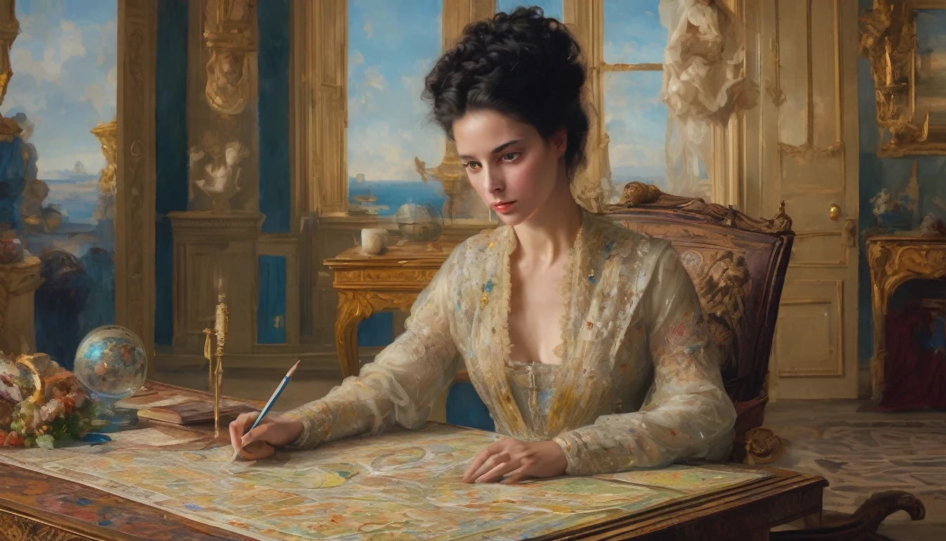 Marie Anne lenormand, white woman with black curly hair, sitting in front of a table reading the Lenormand oracle, in the background a neoclassical French-style living room, muchas personas a su alrededor,Beautiful line art photo,Use gold strokes and rainbow paint,Golden Maiden,the golden ratio,Melted wax,Visible brush strokes,surrounded by crystal spheres,3D Mosaic Wireframe,neuroimaging,neurons,colours,california,intense emotion,oil on canvas,Thick strokes,insanely details,8k ultra high definition,tmasterpiece,art station