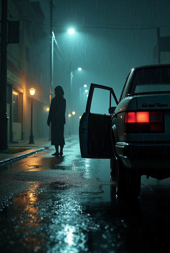 A quiet street at night and heavy rain,the car door is open