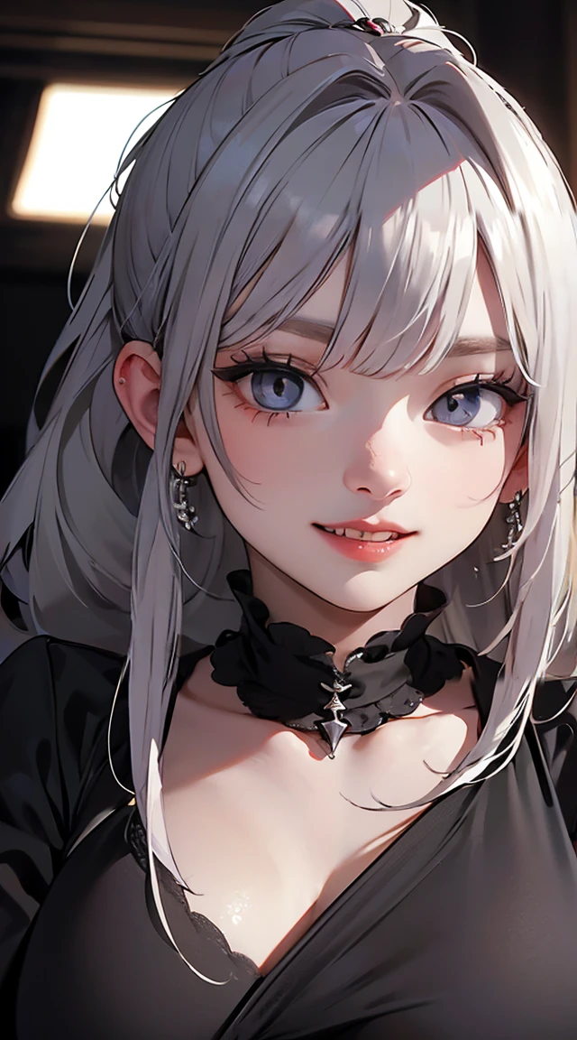 The lighting is very dim、Cinematic Lighting Effects、Her face is clearly visible、(((Huge very dark old gothic bedroom)))、(((He is smiling with his eyes shining and showing two long, sharp fangs.)))、1girl,、Silver-haired hair、Ponytail with bangs、(((vampire)))、(((((Abnormally long incisors)))))、She has a very beautiful face、Because it&#39;s tight、Big and beautiful eyes、Mid-chest、(((In underwear)))、Detailed depiction of the transparency and wrinkles of the ultra-thin underwear material、Detailed depiction of the beauty of hair、Detailed depiction of blue eye sparkle、(((((Girl squatting and spreading her legs)))))、Super excited girl、、A large, clean, white bed、ふっくらとした頬、