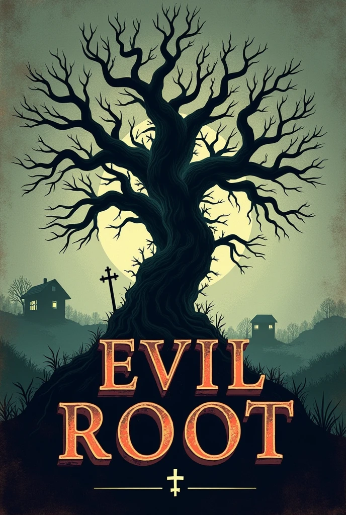 Create a cover for my book which is about horror ,His name is evil root. There has to be a tree, the name evil root and an inverted cross, but make a vintage image and make it a little minimalist, but make it more terrifying. Make it more realistic and less like the name evil root and have a little house nearby, but with the appearance of an old cover and with the name evil root in the middle and with a very haunted appearance, a little more realistic.