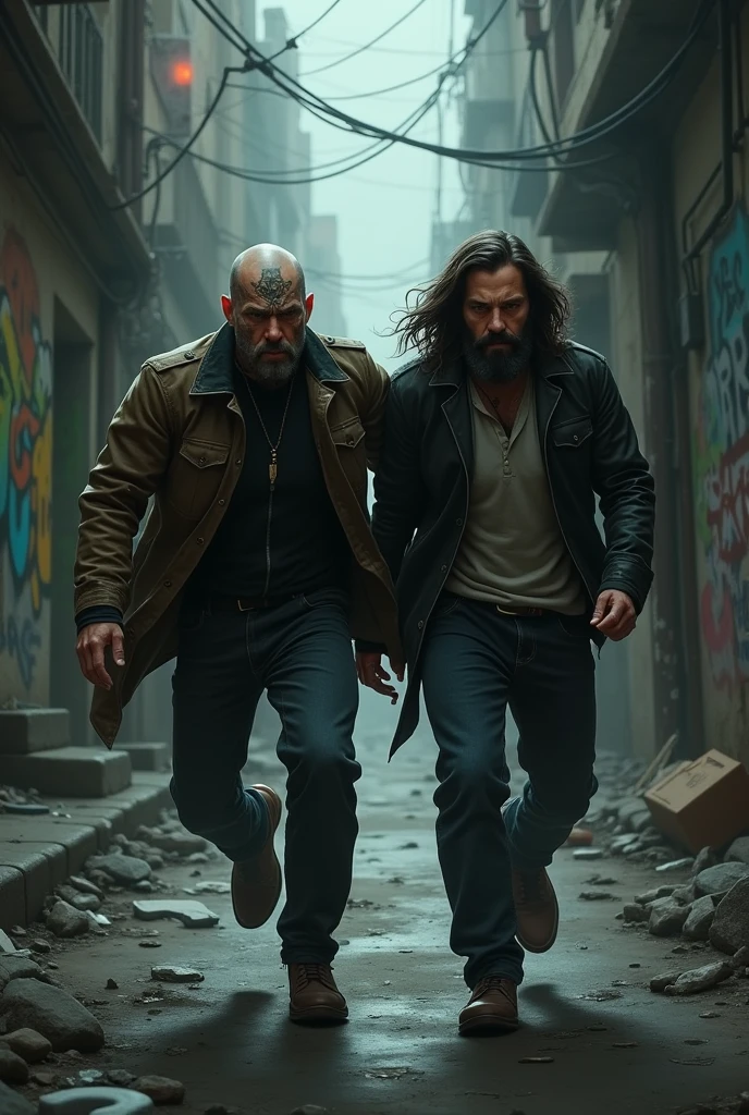 two thief friends, escaping from the police, One bald with tattoos and another with hair and a beard with a mustache