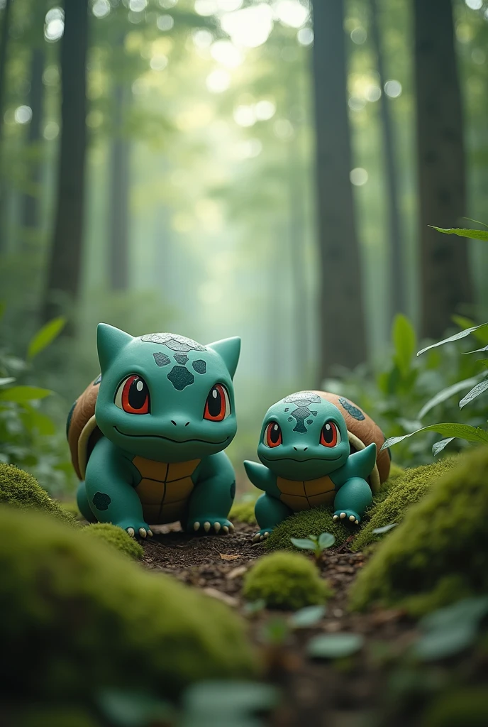 centered,  award winning photo,  (looking at viewer:1.2),  |  Bulbasaur_Pokemon,  |forest,  big trees | bokeh,  depth of field,  cinematic composition,  | , Wartortle_Pokemon,  
