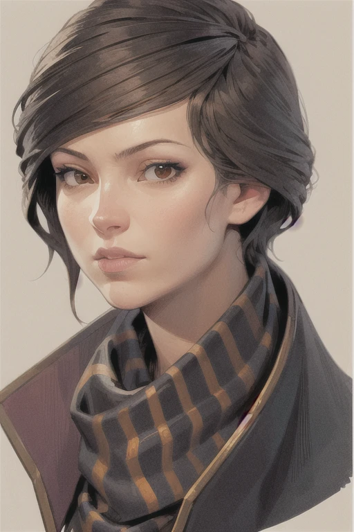 masterpiece, Best quality, 1 girl, Ekalduin, Close-up, Brown eyes, Tan skin, black short hair, scarf, portrait, drawing, Traditional media, (sketch:0.5) 