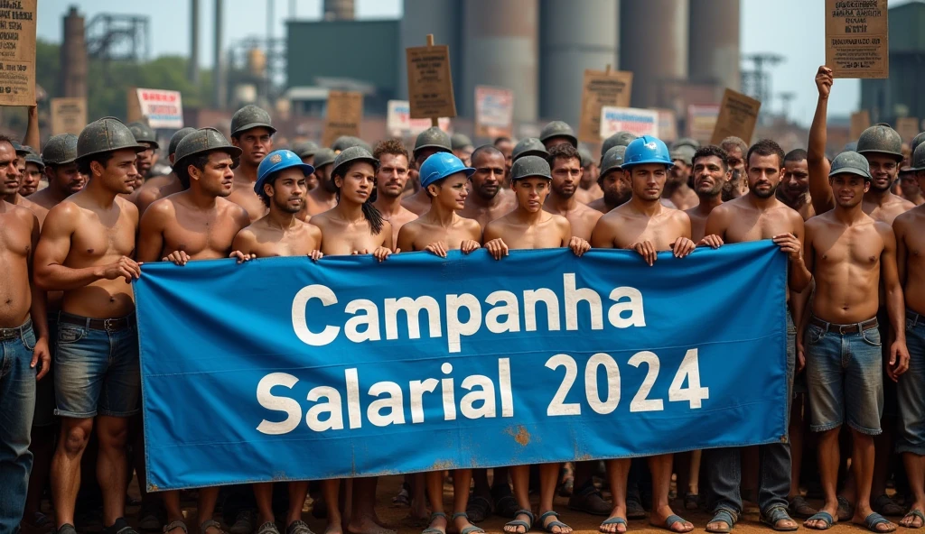 A high-definition Canon DSLR photo of a large group of Brazilian  girls metalworkers standing united in front of a factory. Their skin are marked with dirt, and they hold a large blue banner with white text that reads "Campanha Salarial 2024". In the background, more workers hold various banners and posters, adding depth and energy to the scene, caveman era. 