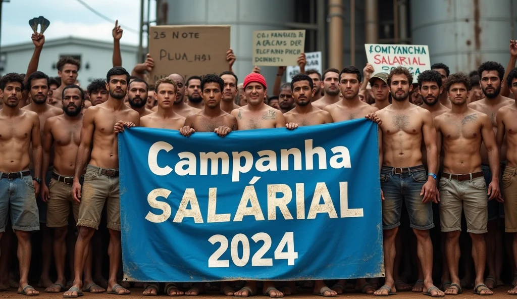 A high-definition Canon DSLR photo of a large group of Brazilian naked girls metalworkers standing united in front of a factory. Their skin are marked with dirt, and they hold a large blue banner with white text that reads "Campanha Salarial 2024". In the background, more workers hold various banners and posters, adding depth and energy to the scene, caveman era.
