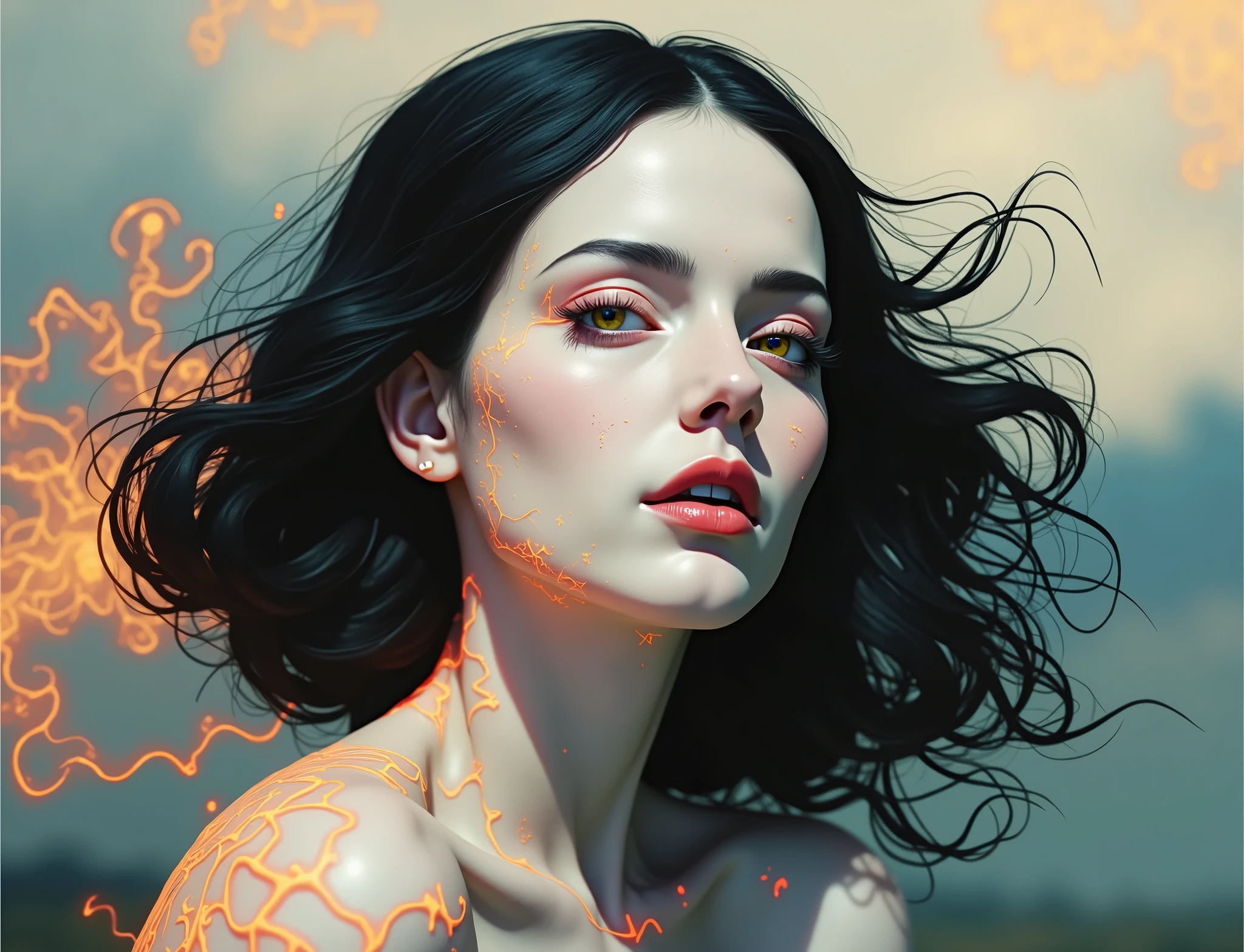 a close up of a person with a glowing face and body, glowing red veins, fractal veins. cyborg, red glowing veins, glowing veins, bright glowing veins, human glowing, tomasz alen kopera and cgsociety, melted cyborg, inspired by Mike Winkelmann, woman made of black flames, digital art 4k unsettling, detailed glowing head