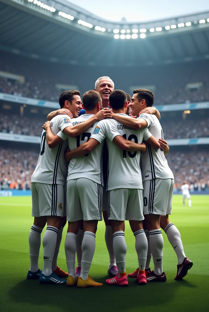 Player celebrating goal with the whole team, coaches, starting and substitute players celebrating together, Real Madrid Realist