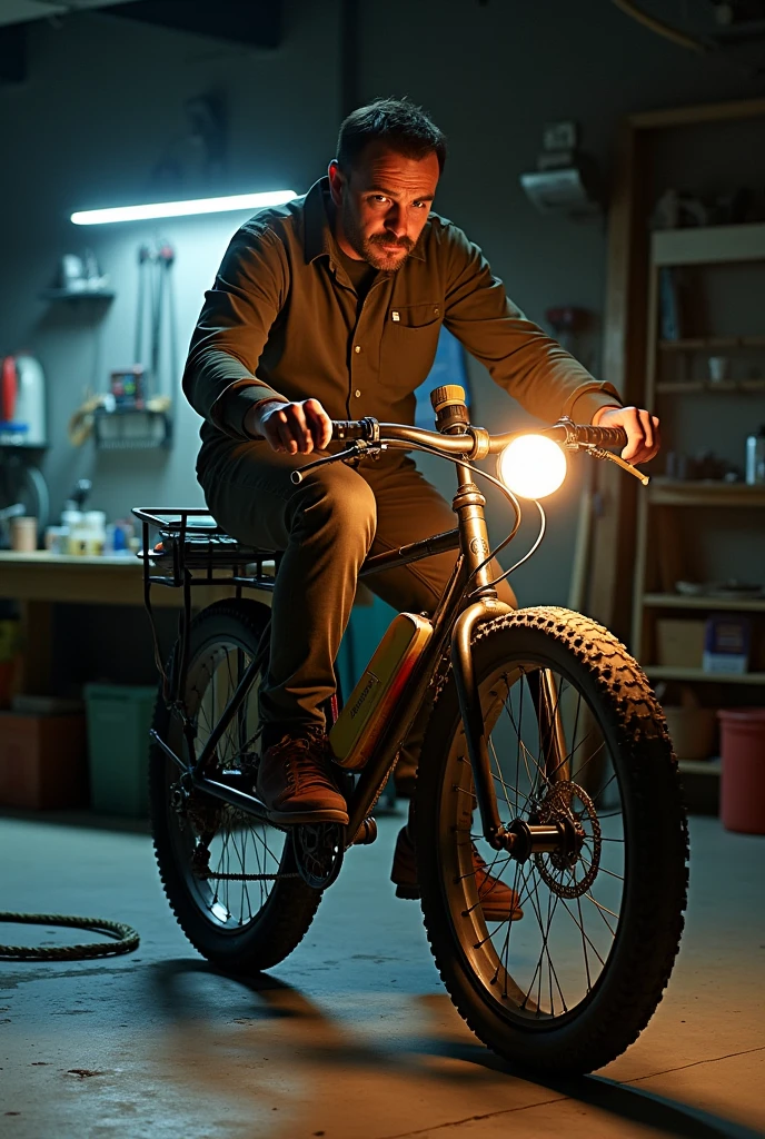 Man pedaling a bicycle, The rear bearing is tied to a rope which is tied to a motor which is tied to a battery which is also tied to a light so that it turns on., It's nighttime and he's in a workshop,