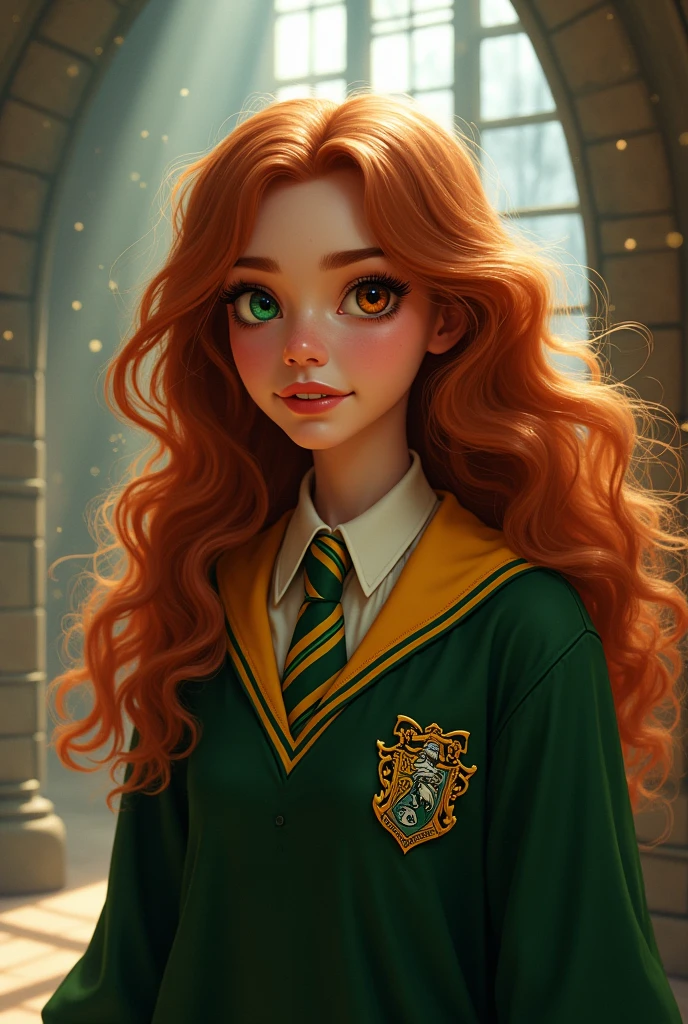rousse avec de longs cheveux bouclés, les yeux verts et marrons avec un uniforme d'harry potter, pouffsouffle